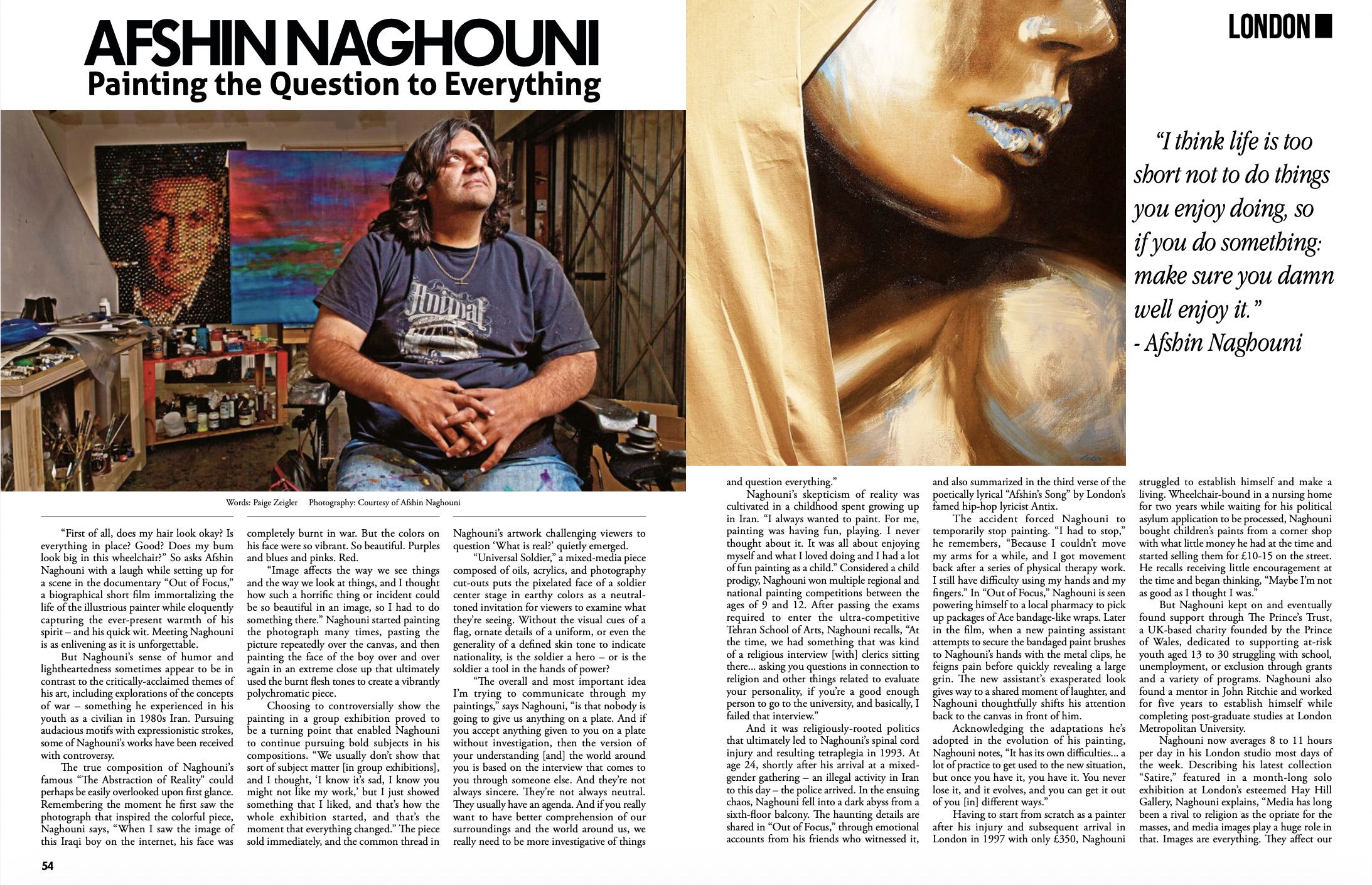 Afshin Naghouni in his London studio, with paintings behind him.