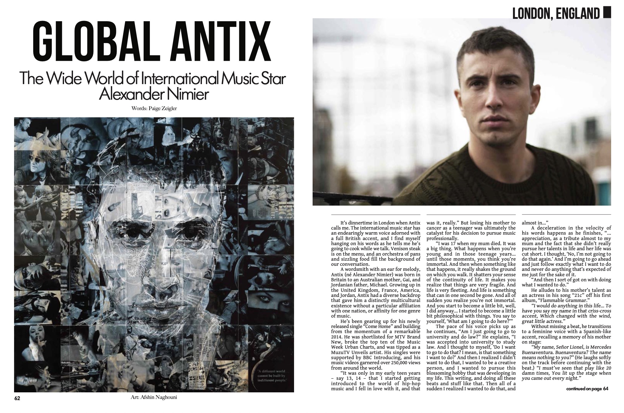 Antix (Alexander Nimier) photographed in London; alongside the mixed-media portrait of him by Afshin Naghouni.