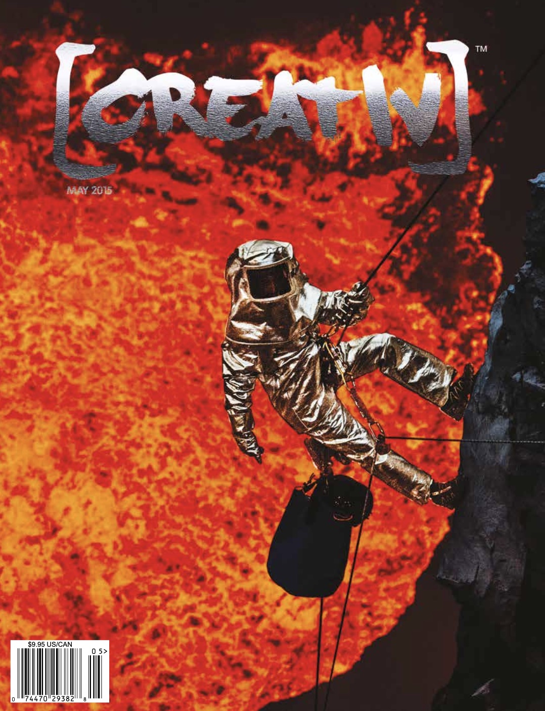 Creativ magazine cover, May 2015 — Sam Cossman descending into Marum crater in a metallic heat suit, against molten lava.