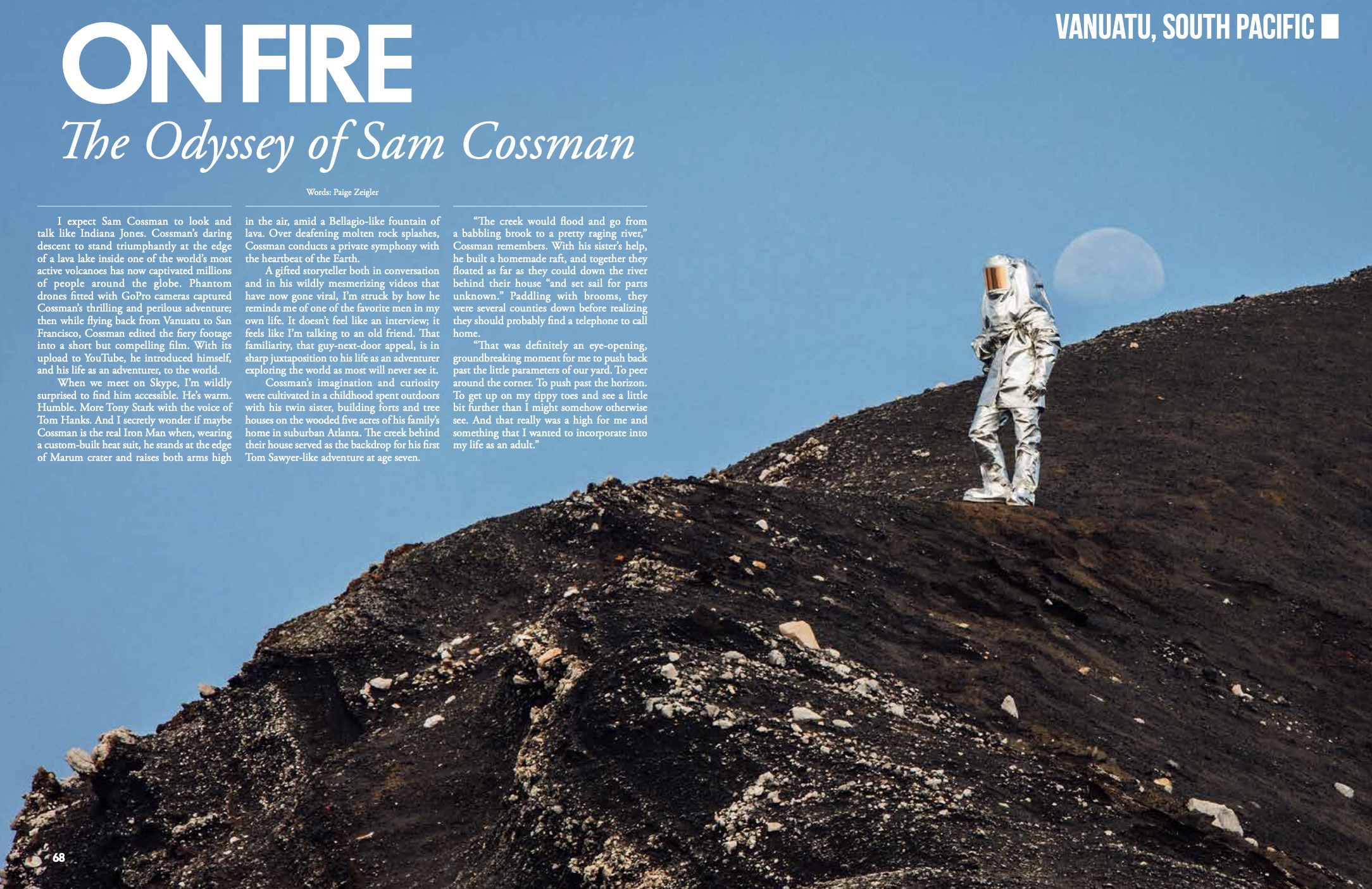 Sam Cossman in a silver heat suit on a black volcanic ridge, sky and pale moon behind him.
